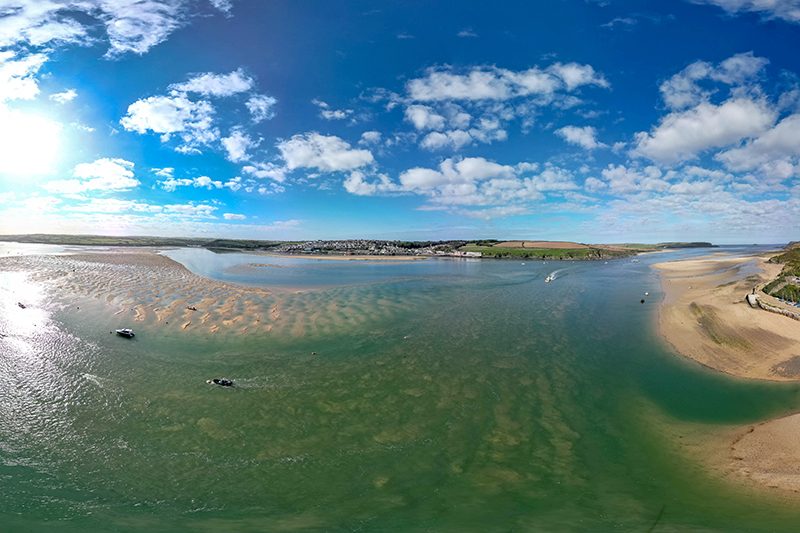 Panoramic view of Padstow and Rock across the Camel Estuary in Cornwall