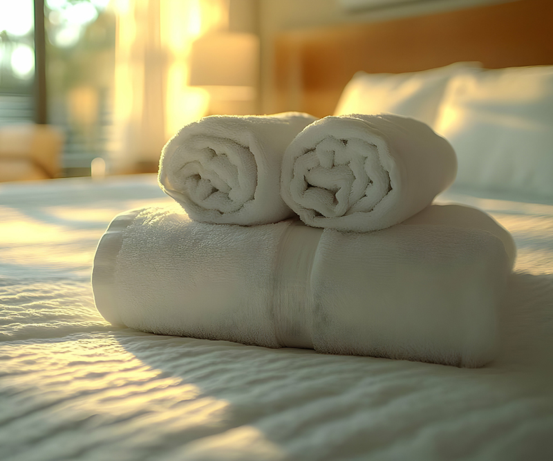 Two rolled white towels neatly placed on a made bed in a light-filled guest bedroom