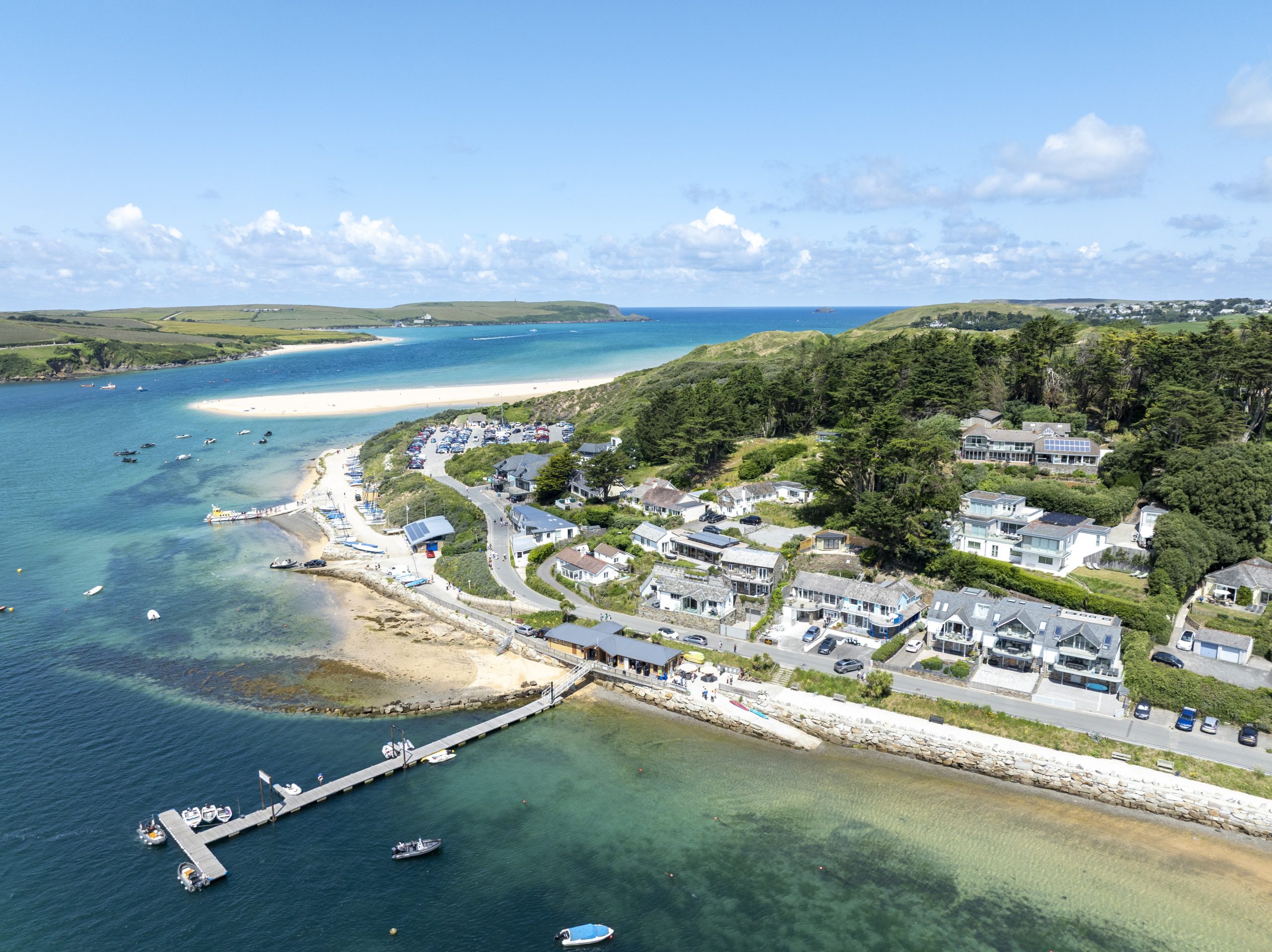 Aerial view of Rock, North Cornwall with Camel Ski, sandy beach and coastal homes