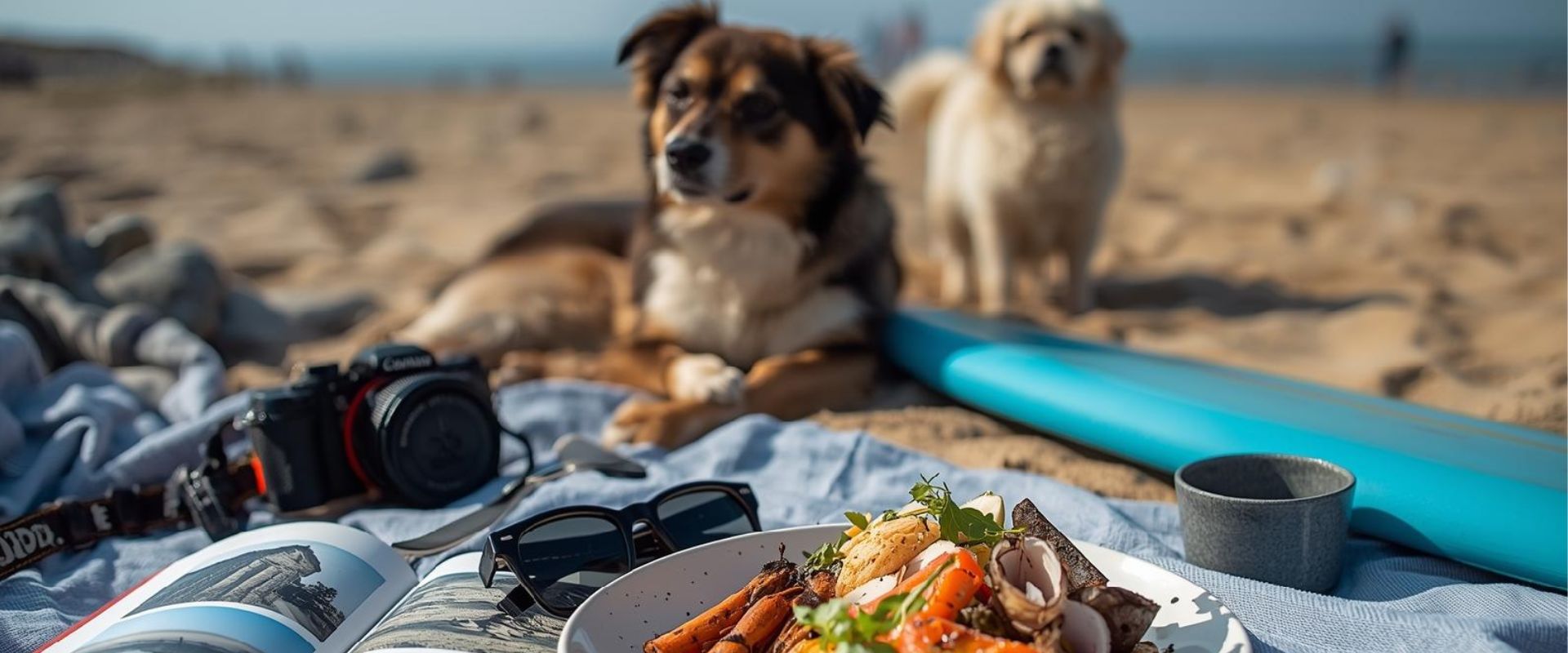 Dogs relaxing on a Cornwall beach beside a picnic and surfboard, capturing a dog-friendly coastal lifestyle