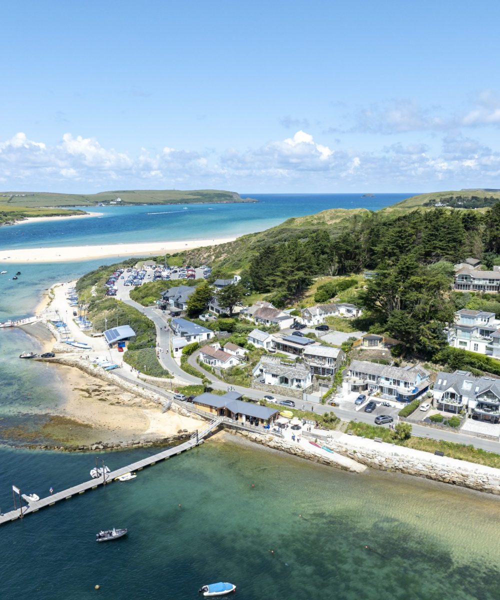 Aerial view of Rock, North Cornwall with Camel Ski, sandy beach and coastal homes